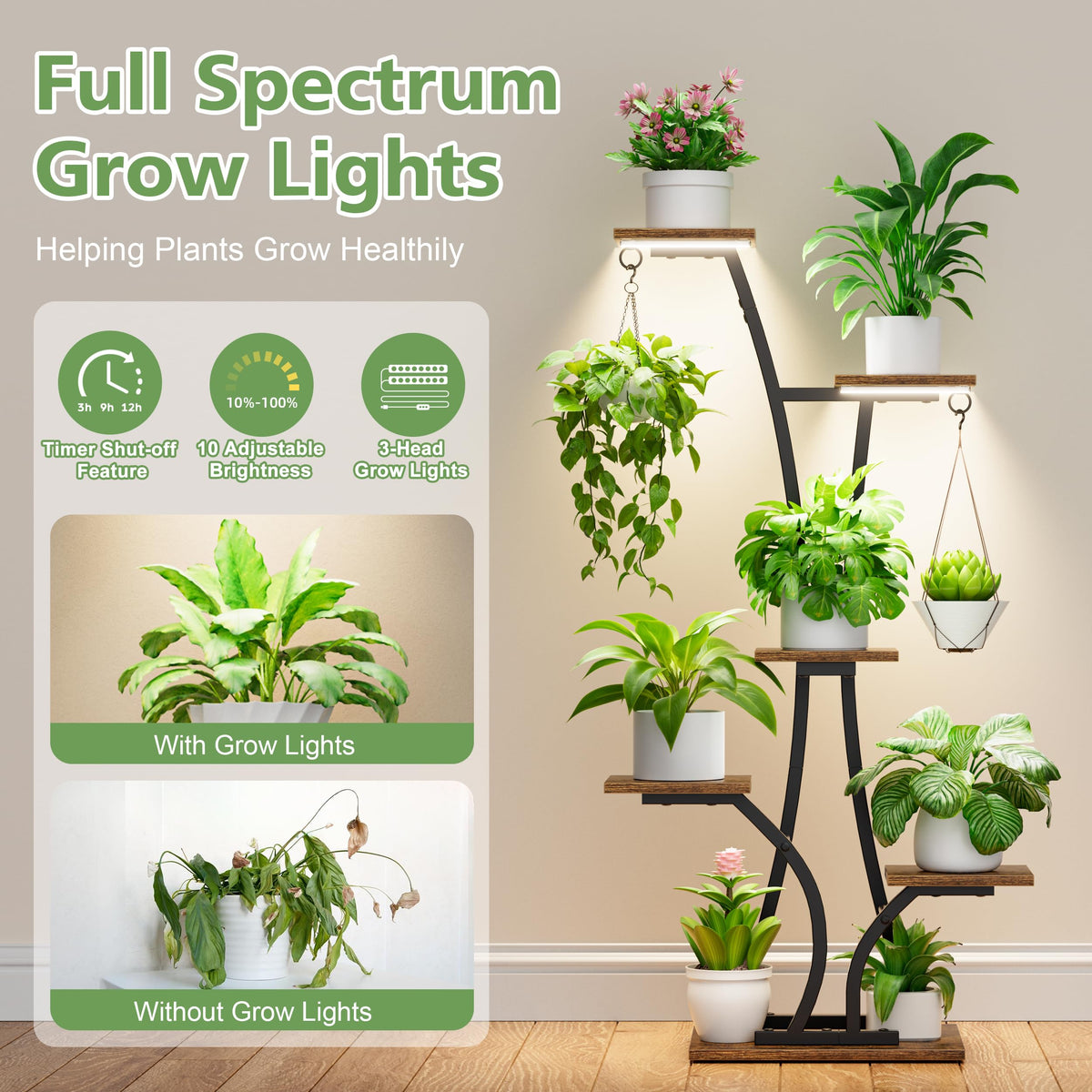 Mostwogo 7-shelf indoor plant rack in black used in a corner