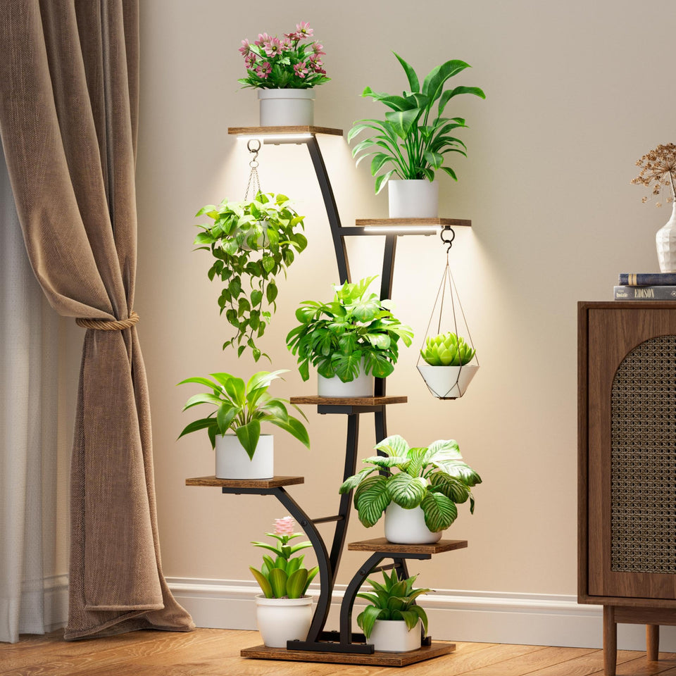 Mostwogo plant stand with grow light on display showing seven shelves