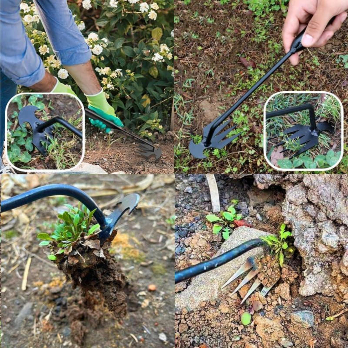 MOTEERLLU deep-root removal head penetrating soil to grab complete weed roots.