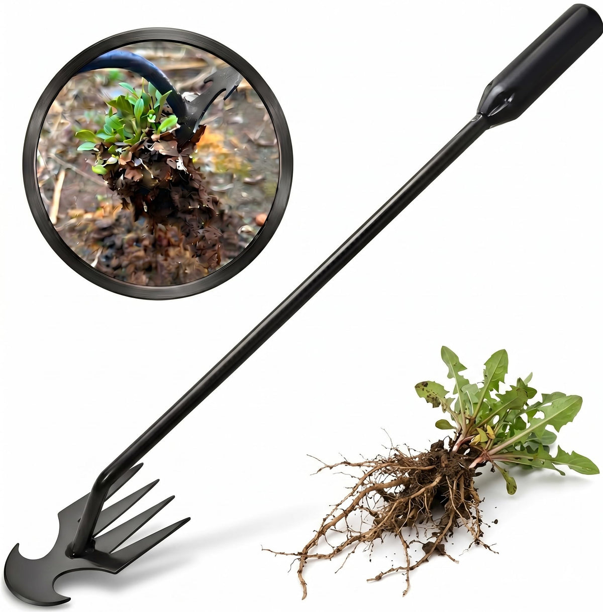 MOTEERLLU weeding artifact with 4-claw head penetrating soil for deep root removal.