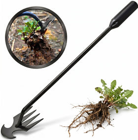 MOTEERLLU weeding artifact with 4-claw head penetrating soil for deep root removal.