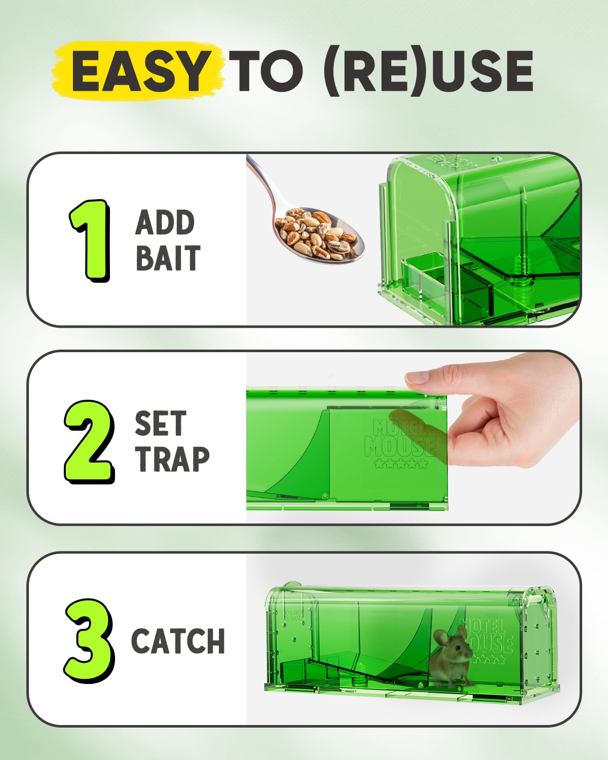 Motel Mouse no-touch release feature enables safe hands-free mouse release.