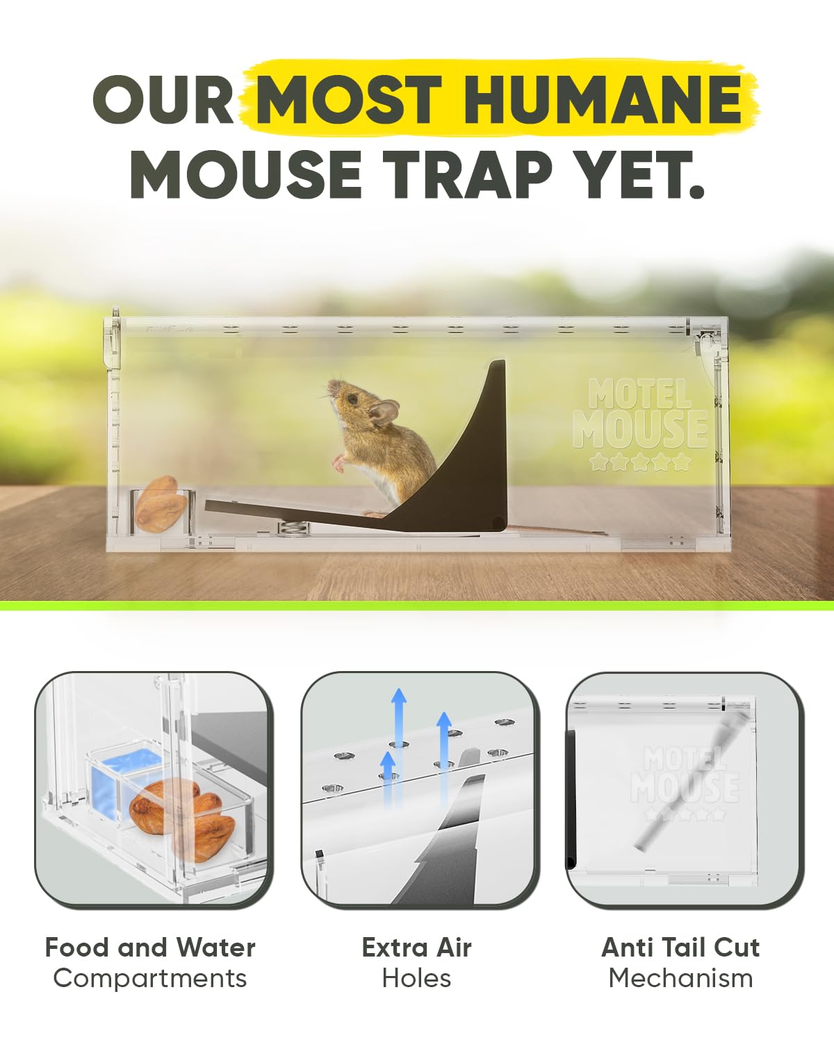 Motel Mouse release door close-up enabling no-touch release for ease.