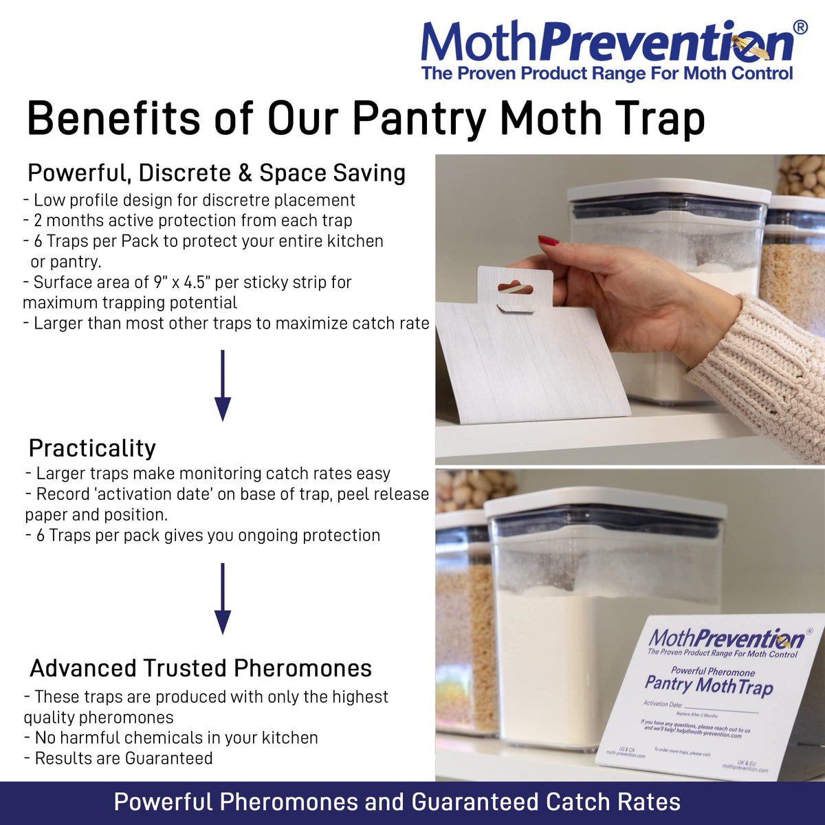 MothPrevention pheromone dispersal attracts pantry moths for quick capture.