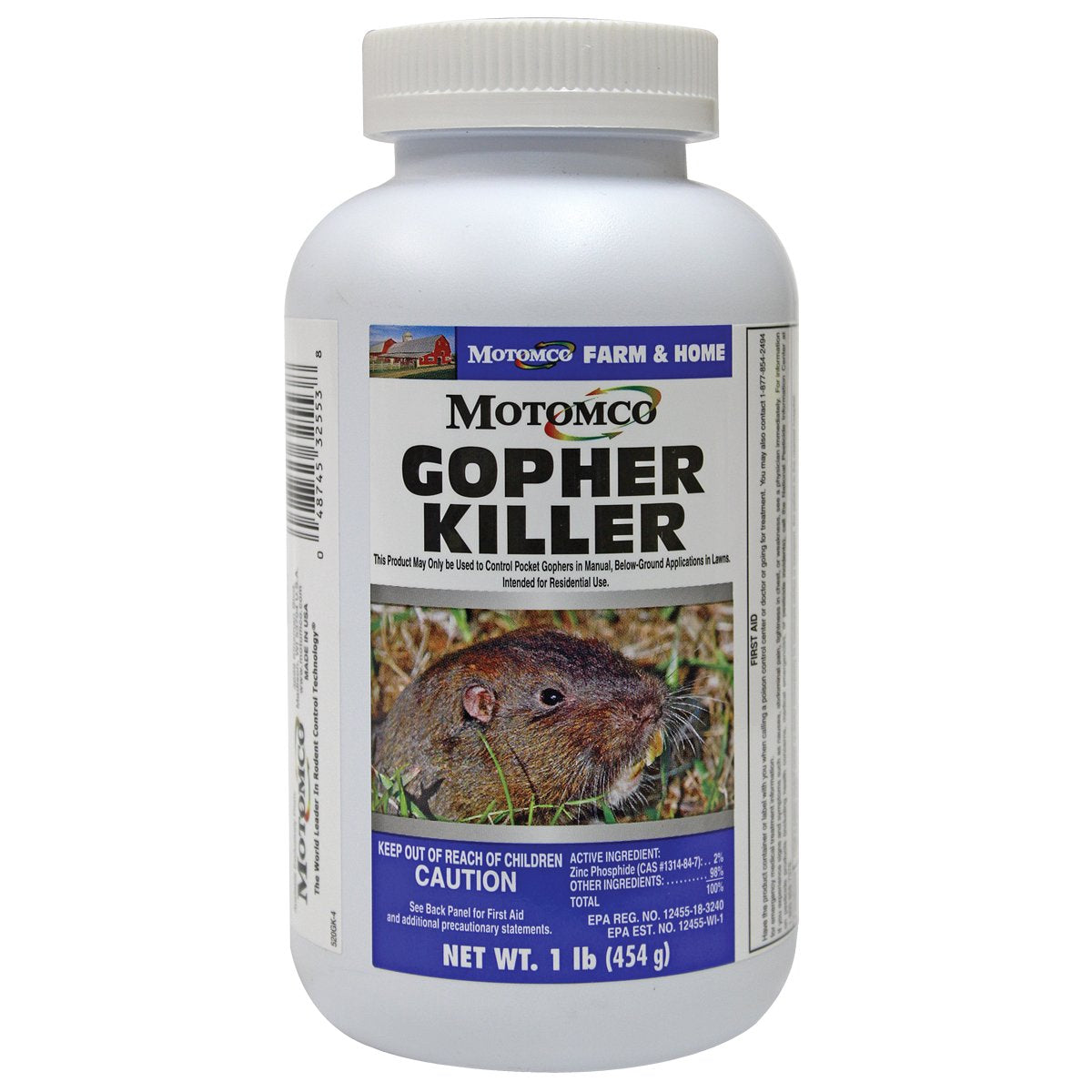 Motomco Gopher Killer label and packaging for outdoor professional use.