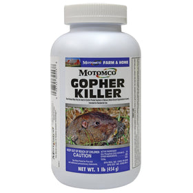 Motomco Gopher Killer label and packaging for outdoor professional use.