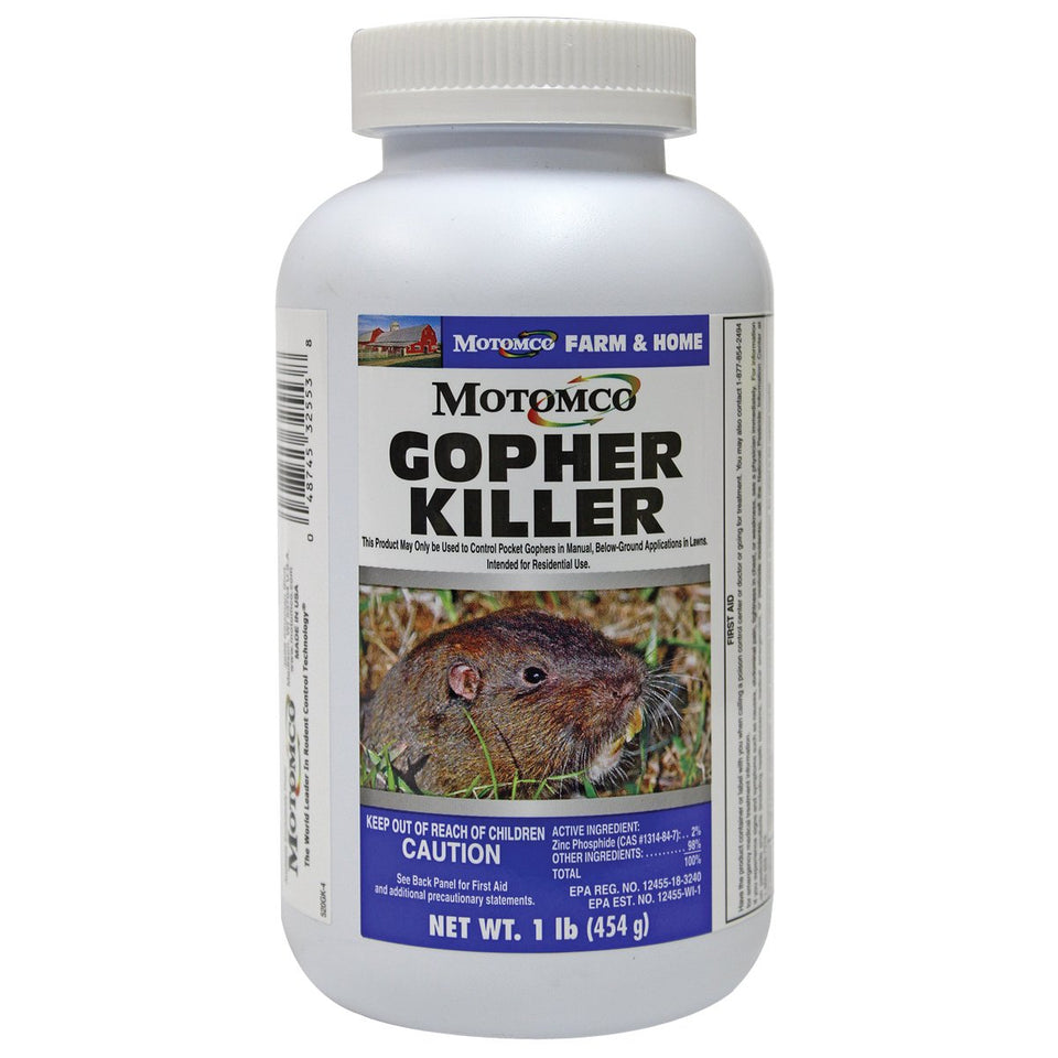Motomco Gopher Killer label and packaging for outdoor professional use.