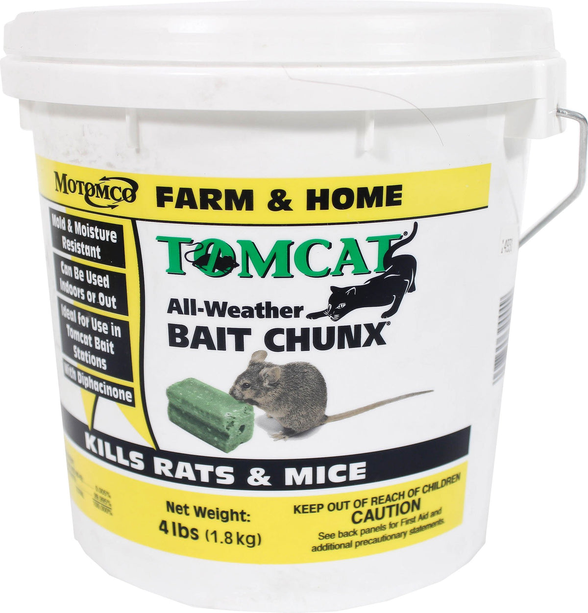 Motomco Tomcat All Weather Bait Chunx 4 lb: durable outdoor bait for rodent control.