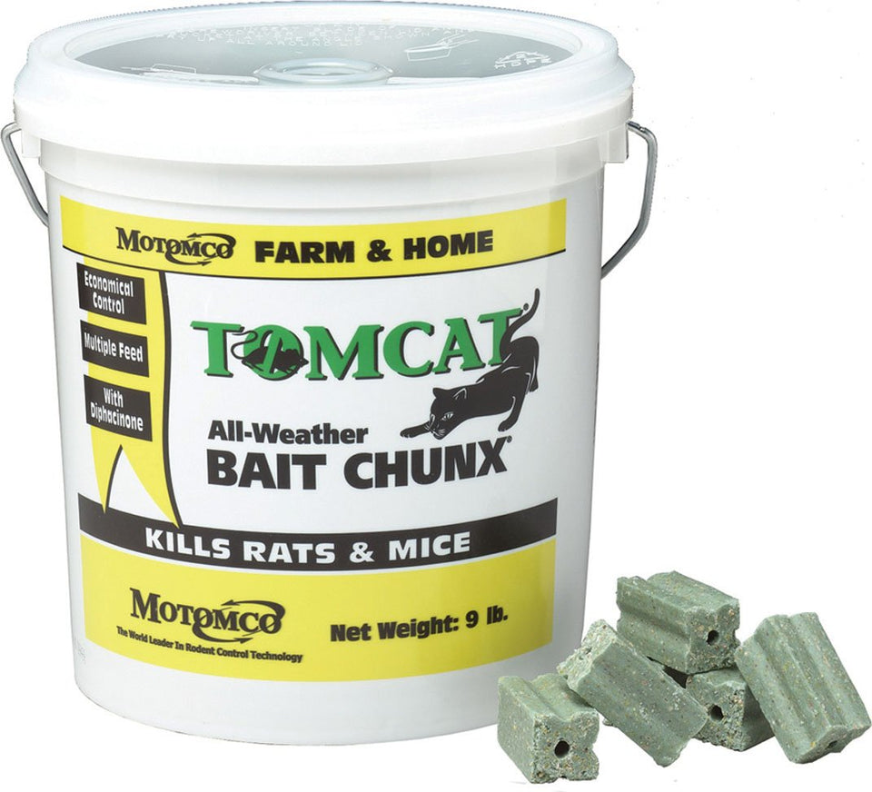 Motomco Tomcat All Weather Bait Chunx 9lb package for barn rodent control
