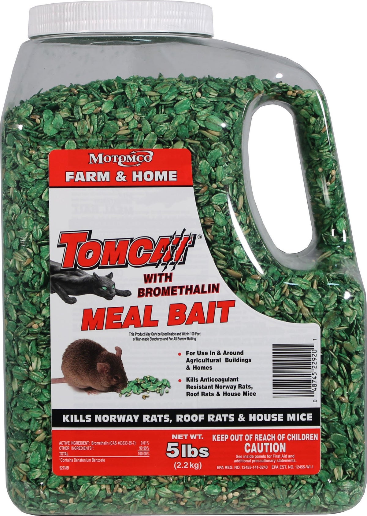 Motomco Tomcat Bromethalin meal bait 5 lb: attractive rodent lure for burrows and indoor use.