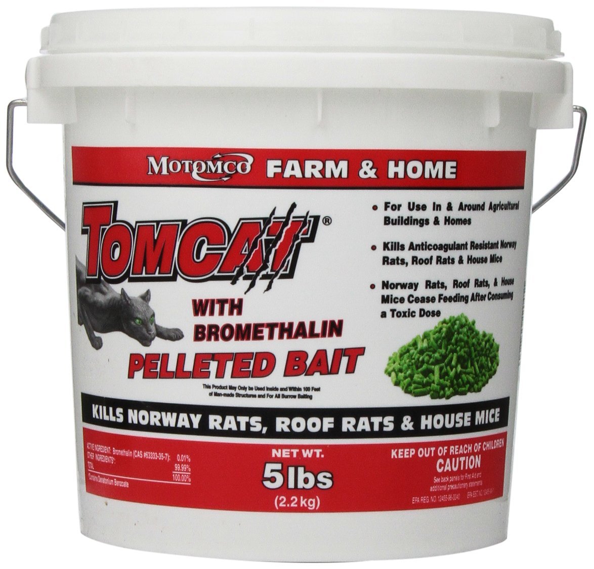 MOTOMCO Tomcat bromethalin pellets pack displayed for farm rodent control.