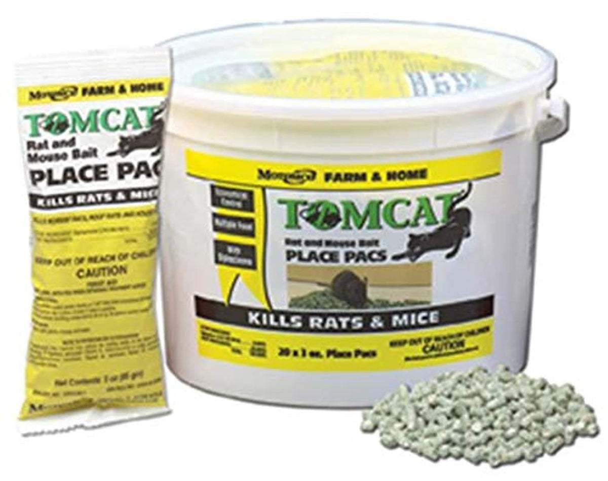 Motomco Tomcat pack/pail front view with 22-count rodent bait for pest control