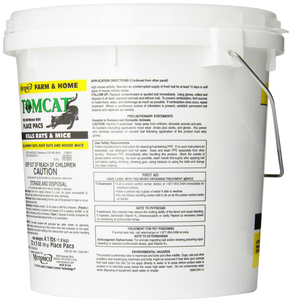 Motomco Tomcat pail on shelf ready for farm use