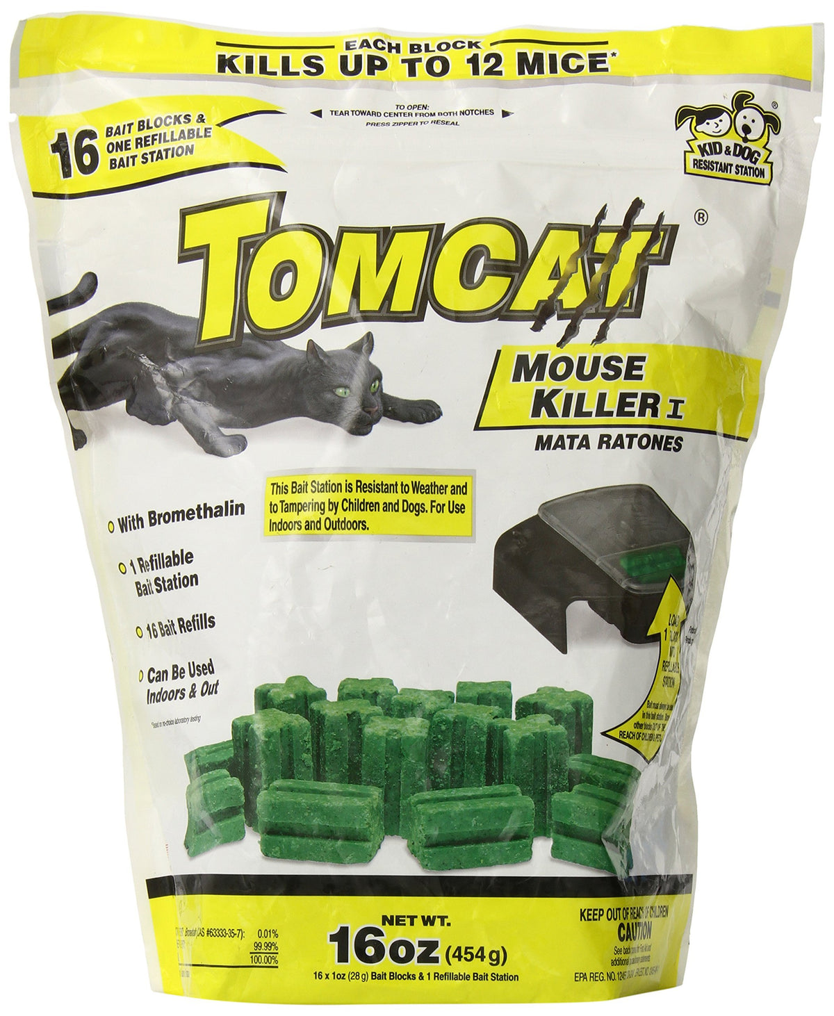Motomco Tomcat refill station displayed with bait refills for indoor and outdoor use
