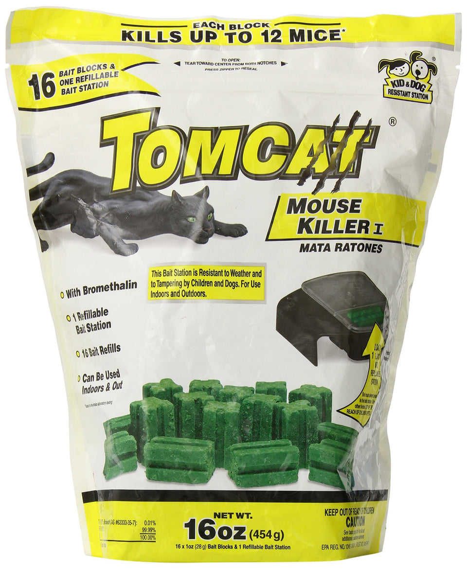 Motomco Tomcat refill station displayed with bait refills for indoor and outdoor use