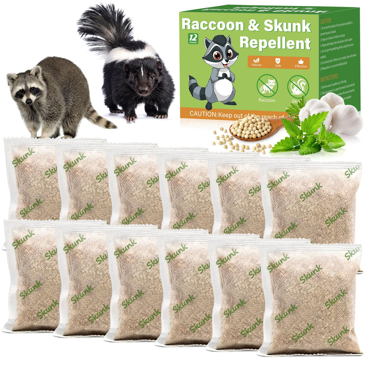 Motrapso peppermint skunk pouches in box protect outdoor spaces naturally.