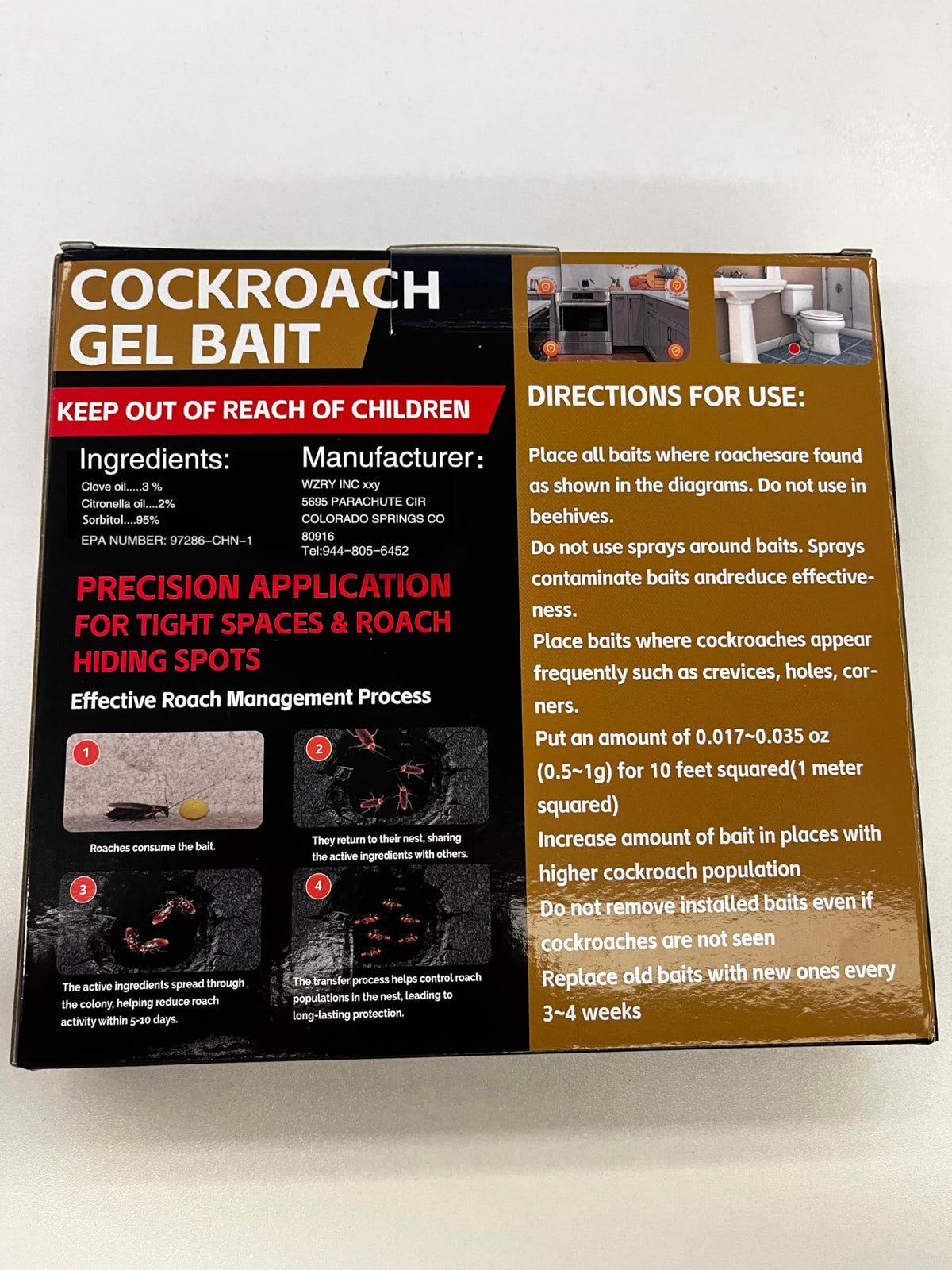 Motrapso roach gel at cabinet gap, long-lasting coverage up to 120 sq ft.