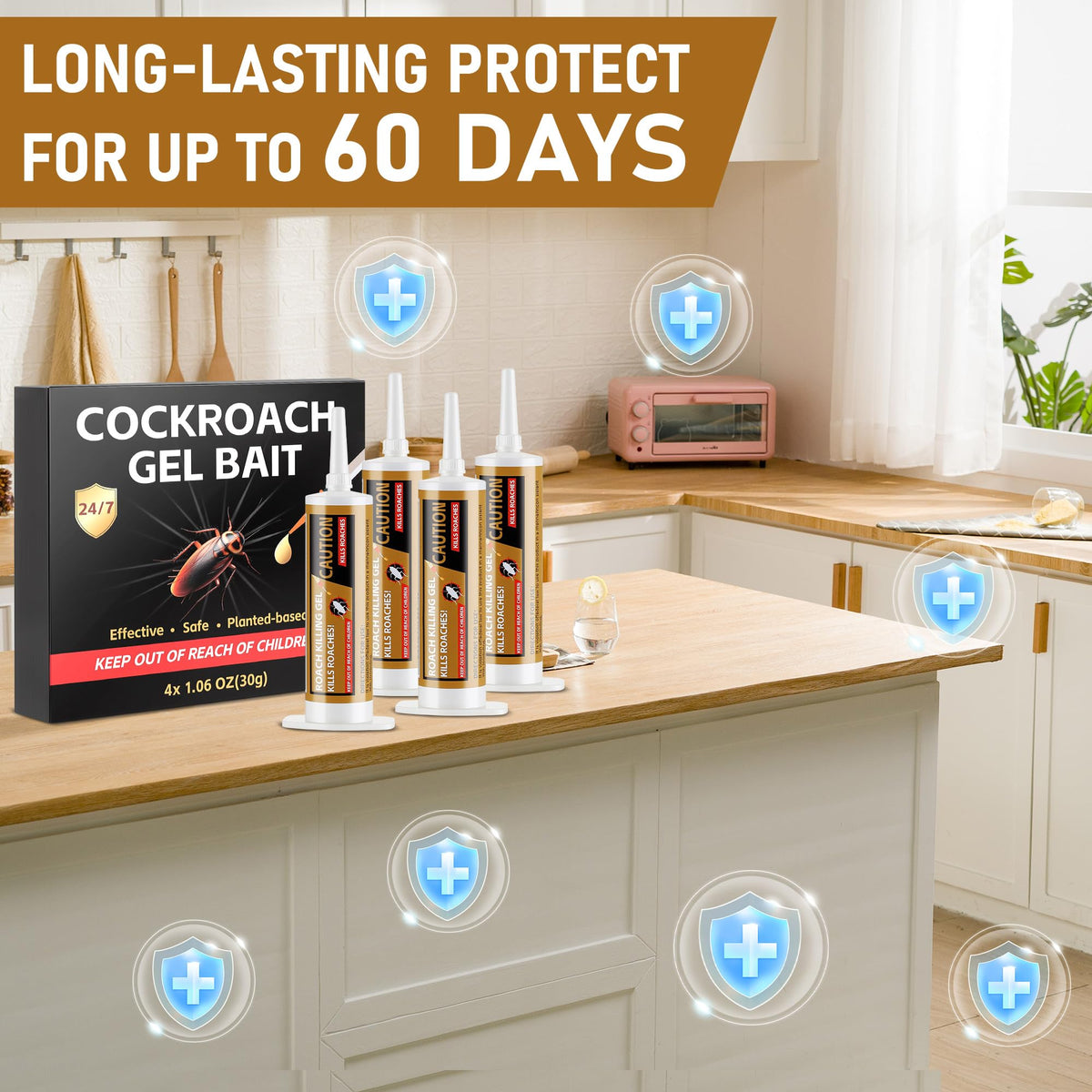 Motrapso roach gel in kitchen cabinet corner, targets hotspots with slow-acting action.