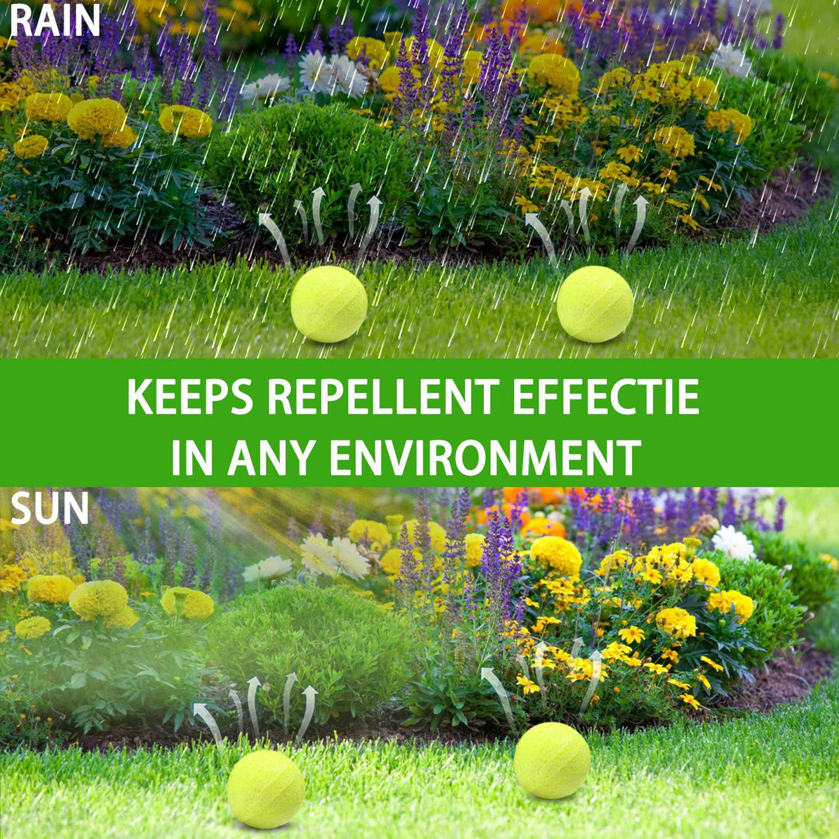 Motrapso snake repellent ball for garden deters snakes near flower beds with a natural scent.