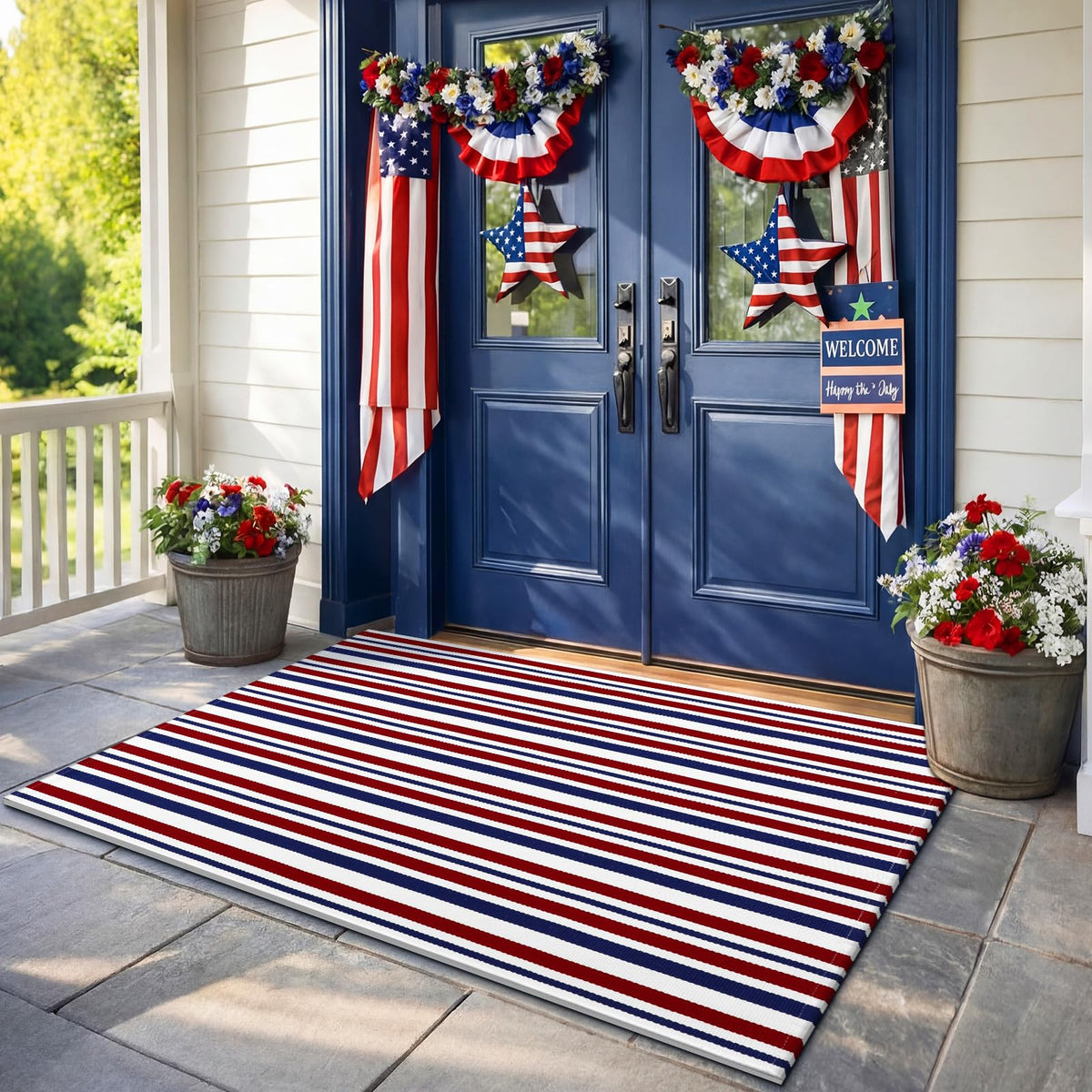 Moucuny 35x59 front-porch mat fits most entryways and doorways.