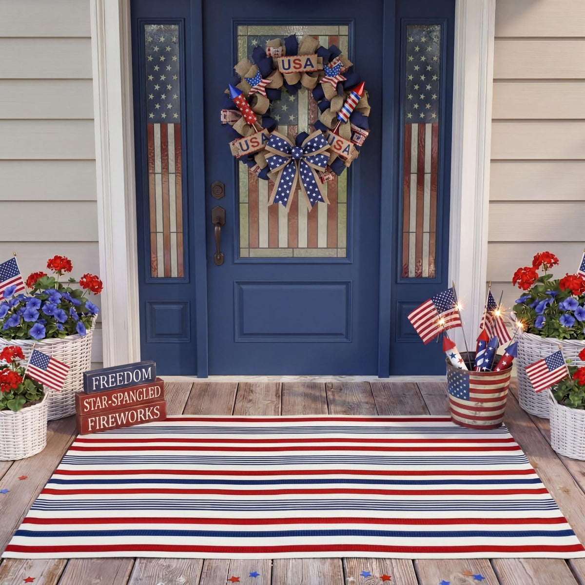 Moucuny 4th of July outdoor rug with red white blue stripe; ideal for welcoming guests.