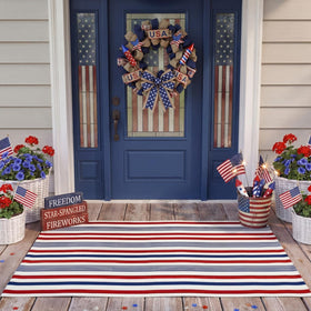 Moucuny 4th of July outdoor rug with red white blue stripe; ideal for welcoming guests.