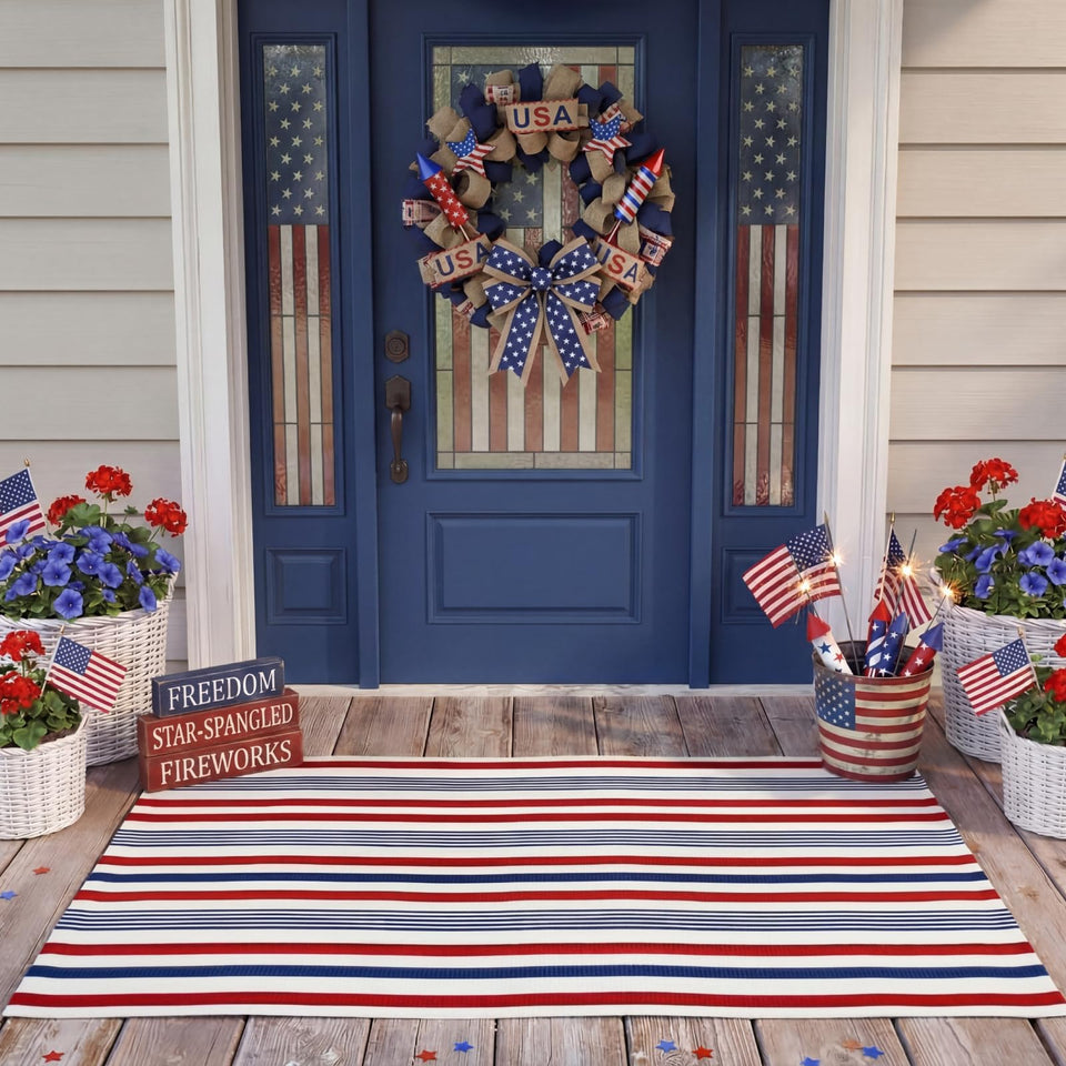 Moucuny 4th of July outdoor rug with red white blue stripe; ideal for welcoming guests.