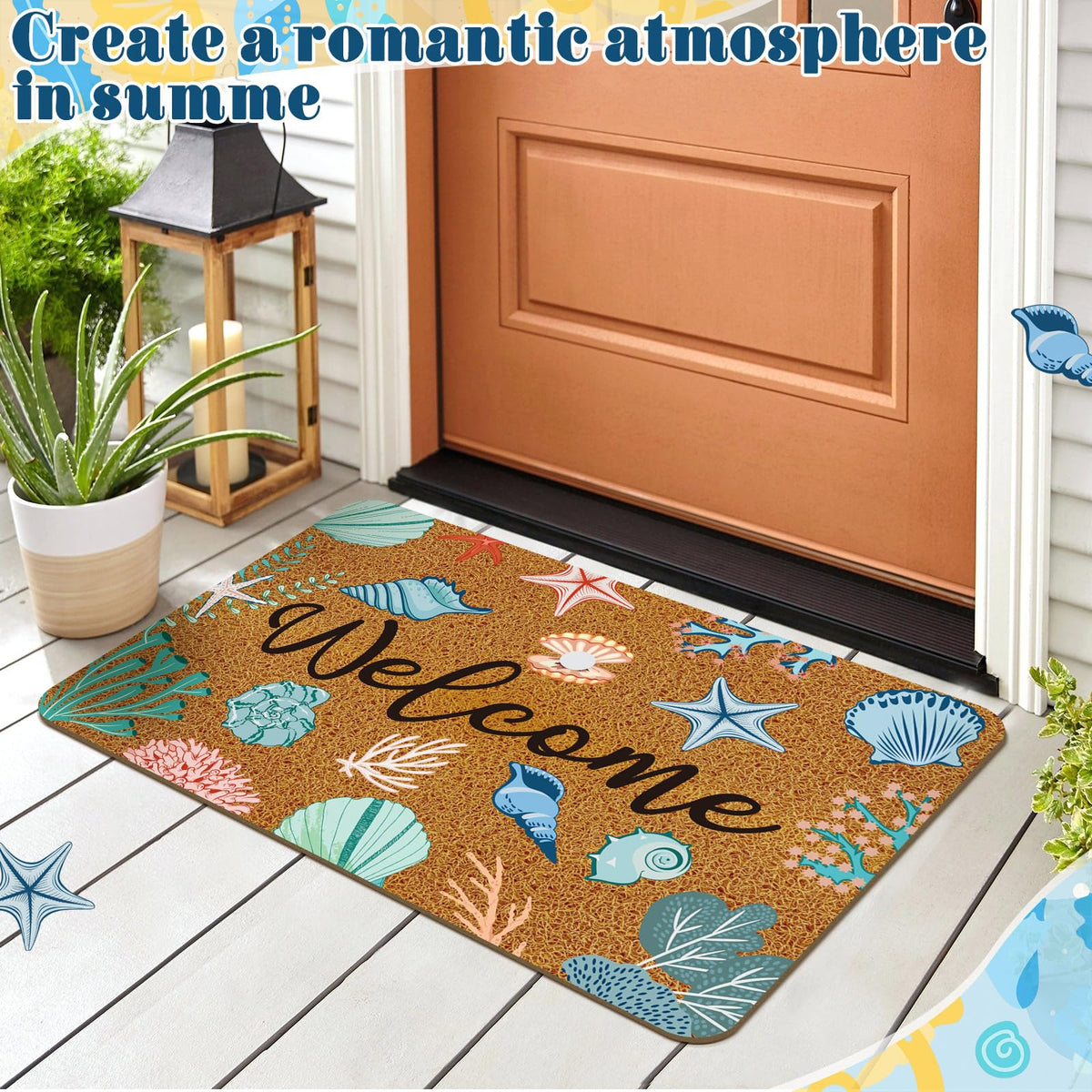 Moucuny coir door mat Hello Summer ocean theme greets guests while absorbing mud and moisture.