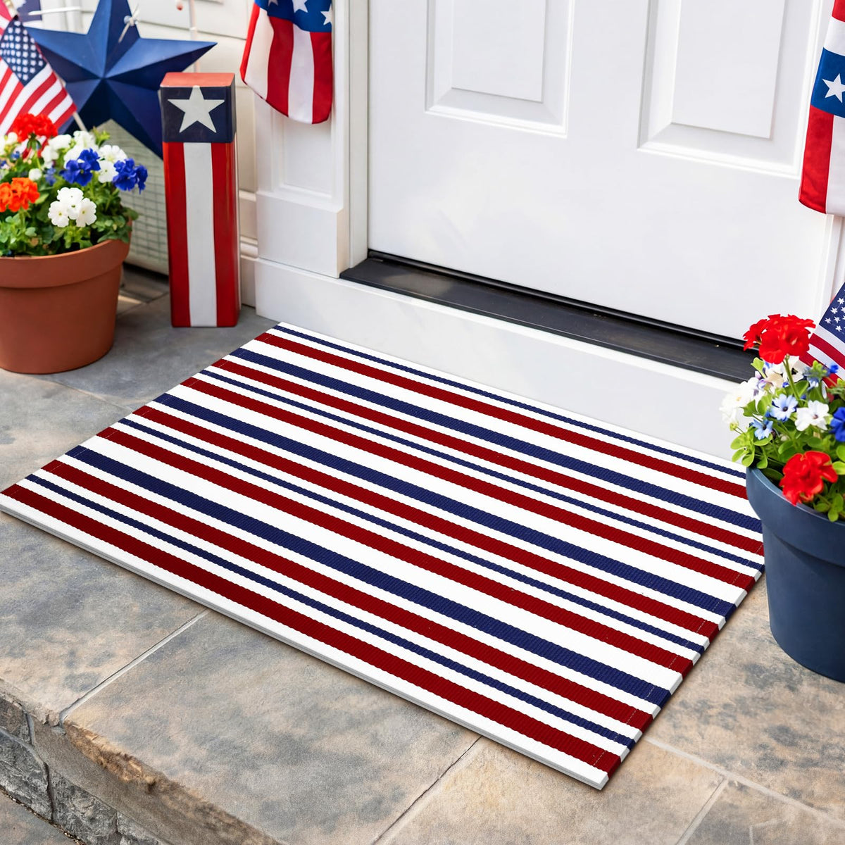 Moucuny front porch mat in patriotic colors creates a welcoming entry