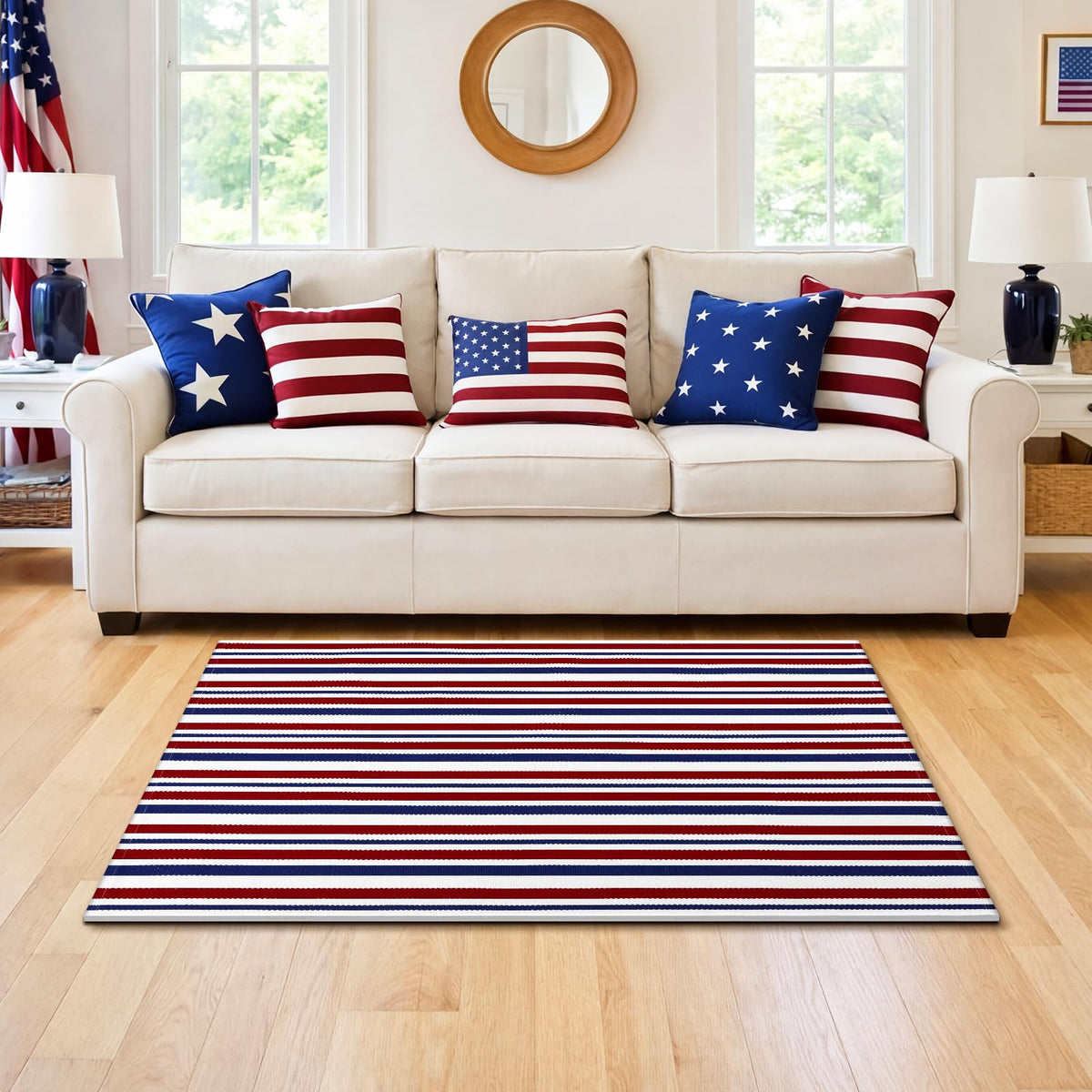 Moucuny front porch mat coordinates with other decor for Memorial Day and 4th of July.
