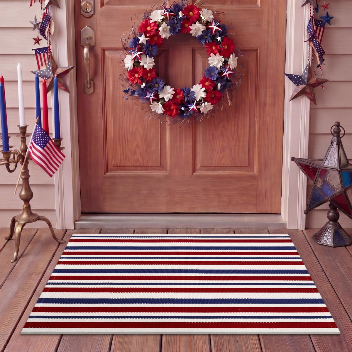 Moucuny Memorial Day striped rug on front porch adds timeless curb appeal
