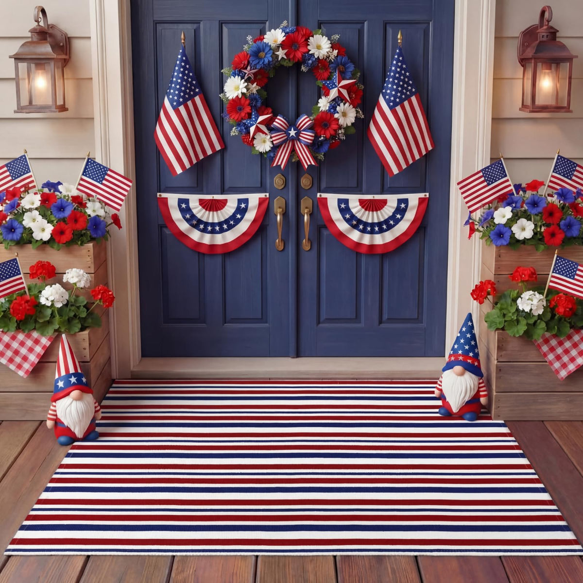 Moucuny Memorial Day striped rug on front porch adds welcoming color and seasonal charm.