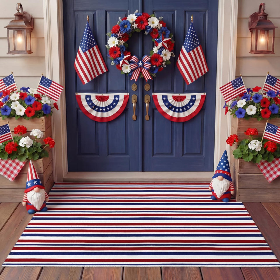 Moucuny Memorial Day striped rug on front porch adds welcoming color and seasonal charm.