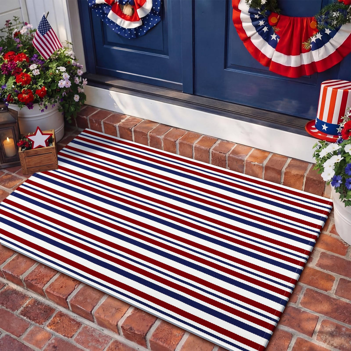 Moucuny patriotic doormat layer demonstrates removable top for easy seasonal changes.