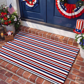 Moucuny patriotic doormat layer demonstrates removable top for easy seasonal changes.