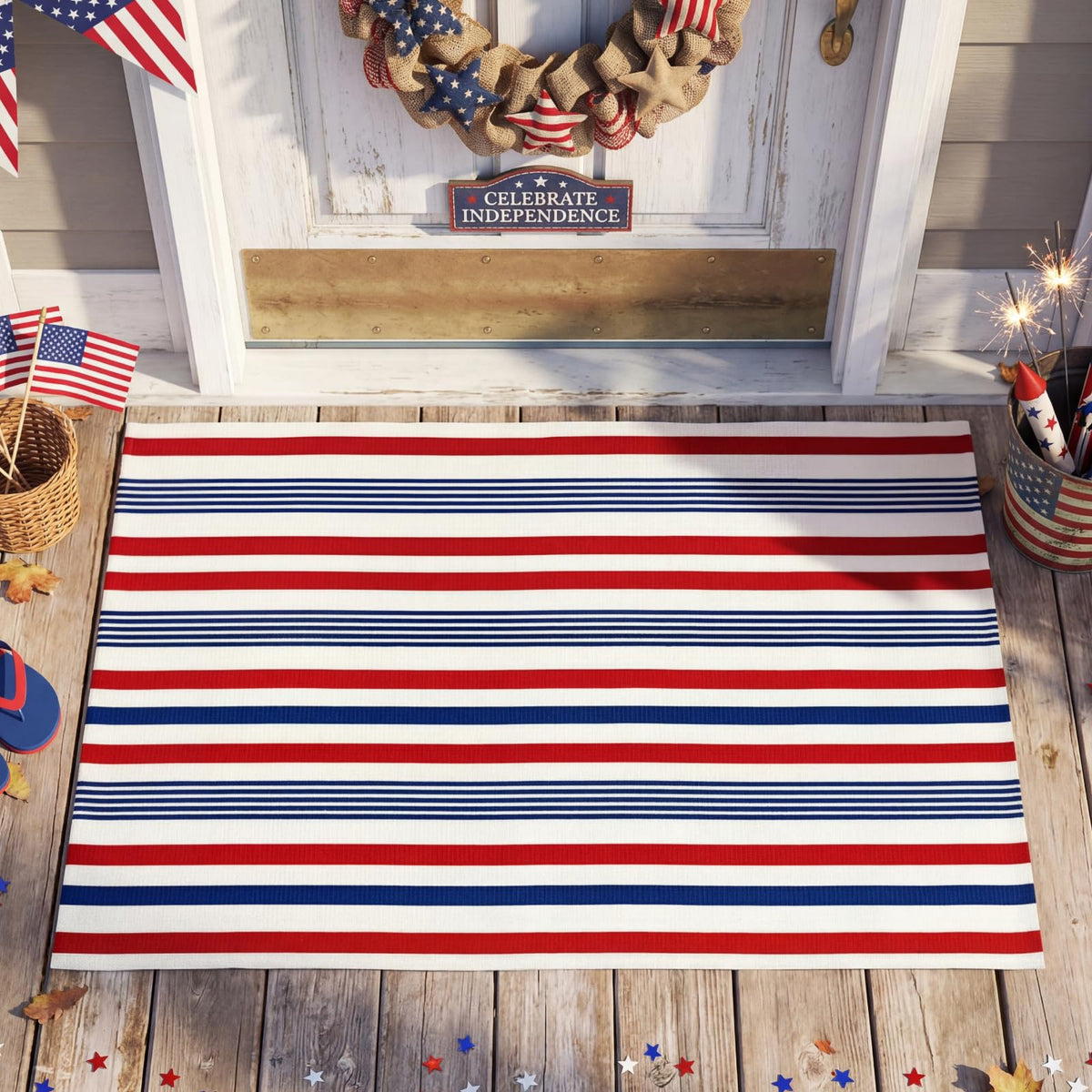 Moucuny red white blue rug; durable weave for long-lasting patriotic displays.