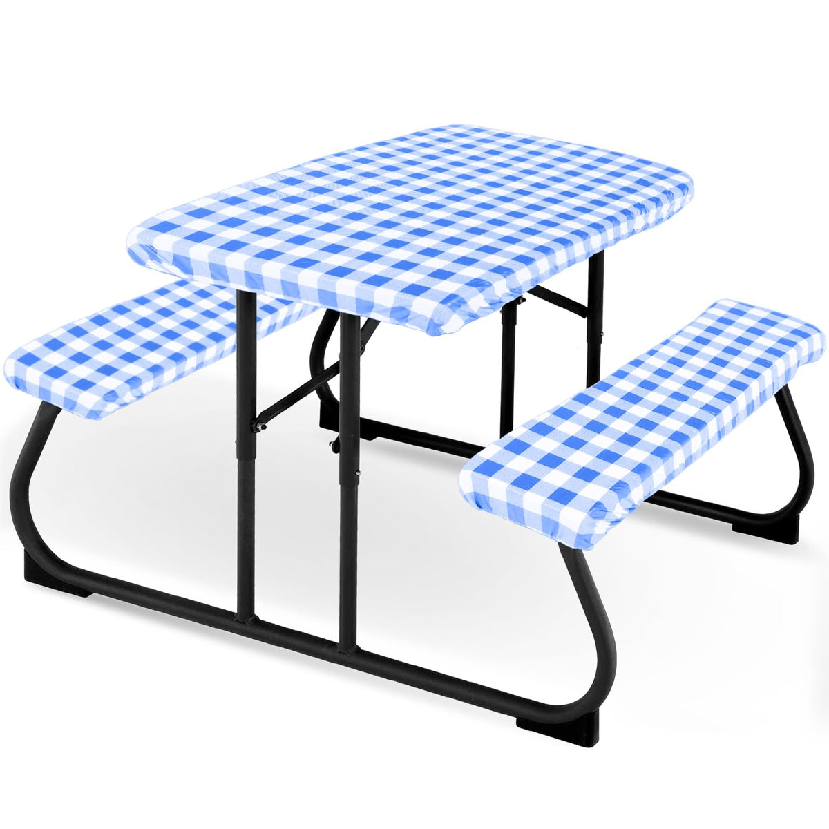 Moukeren picnic table cover set in blue checker protects table surfaces