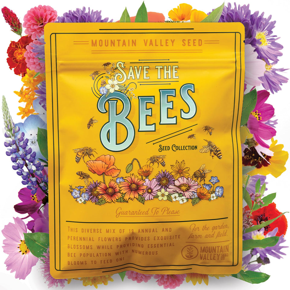 Mountain Valley Save the Bees mix seed packet front view for pollinator-friendly gardening.