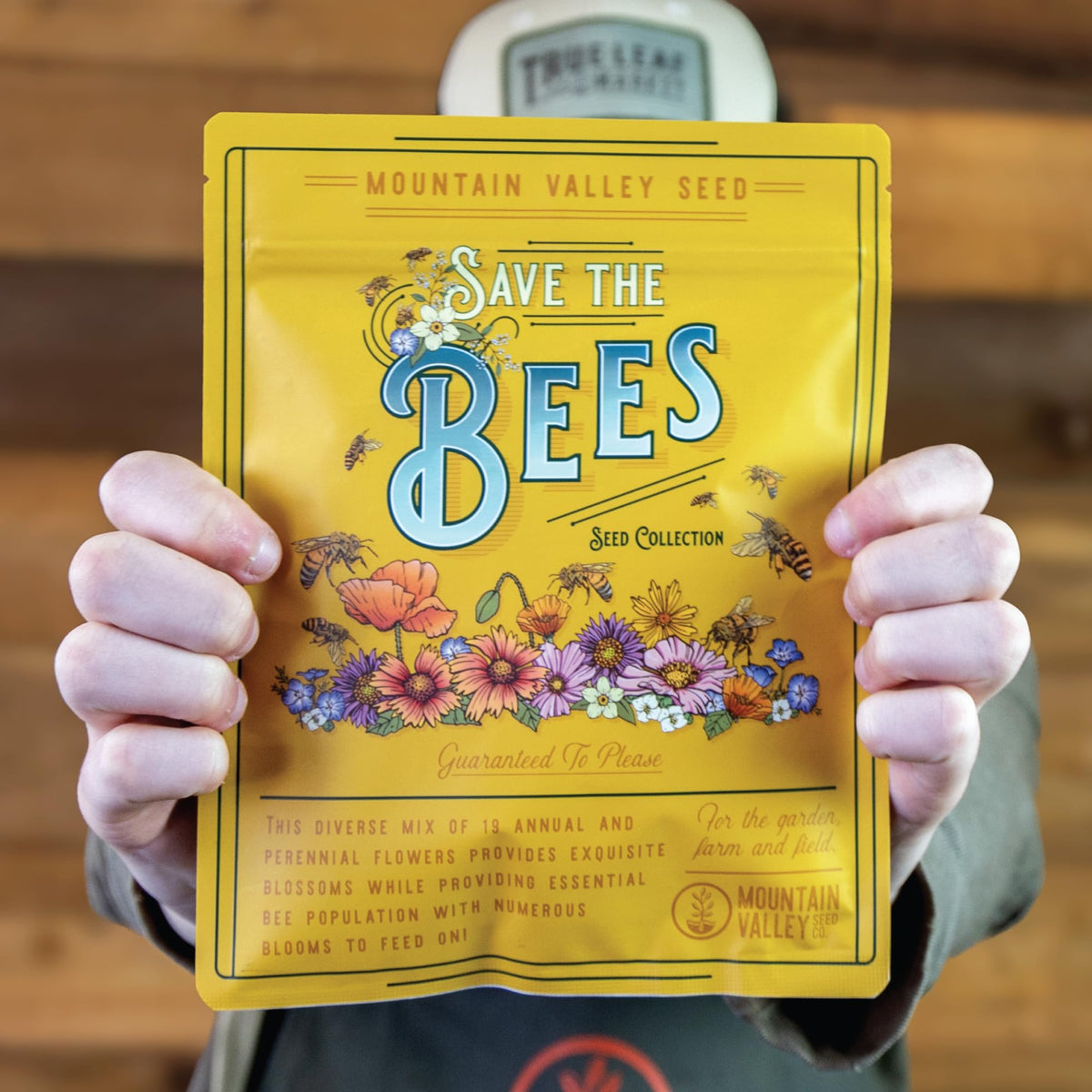 Mountain Valley Save the Bees mix packaging close-up showing hand-illustrated design.