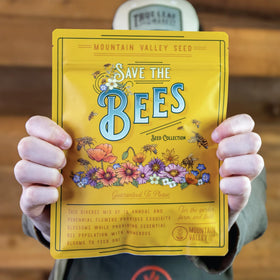 Mountain Valley Save the Bees mix packaging close-up showing hand-illustrated design.