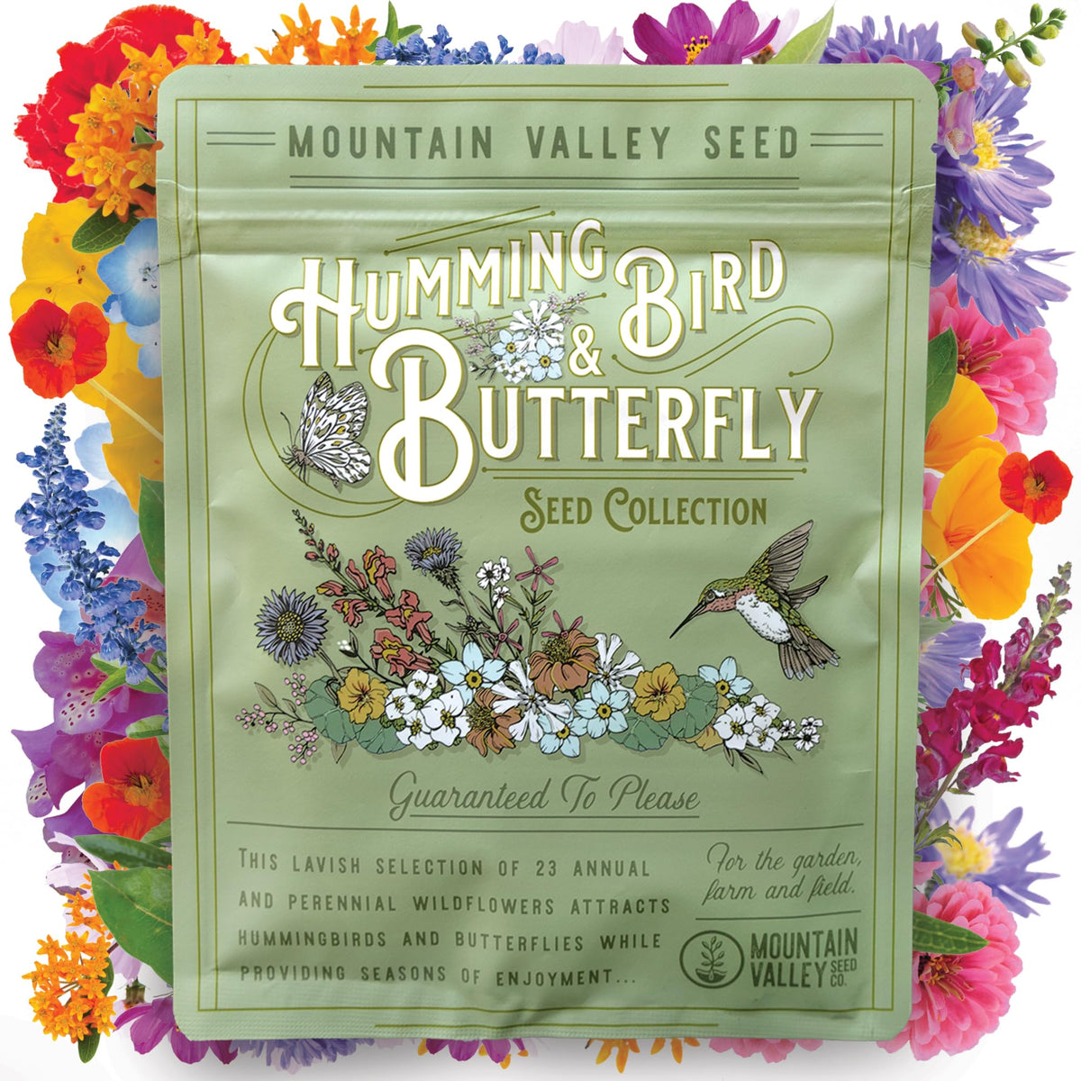Mountain Valley Seed Company wildflower mix pack front shows 23 pollinator-friendly varieties