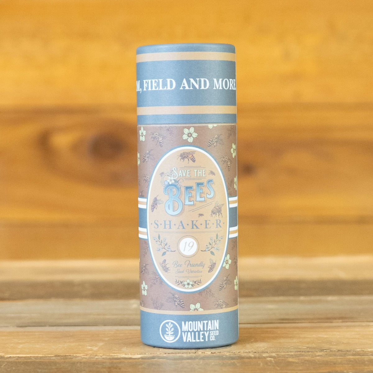 Mountain Valley Seed Save the Bees shaker suitable for kids and beginners.