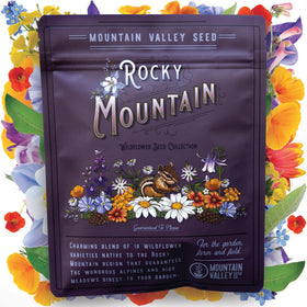 Mountain Valley Seed Rocky Mountain Wildflower Pack front view, ideal for backyard pollinator gardens.