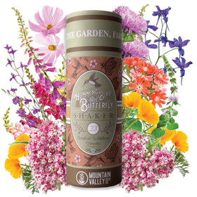 Mountain Valley Wildflower Seed Shaker featuring hummingbird and butterfly friendly blooms for pollinator gardens.