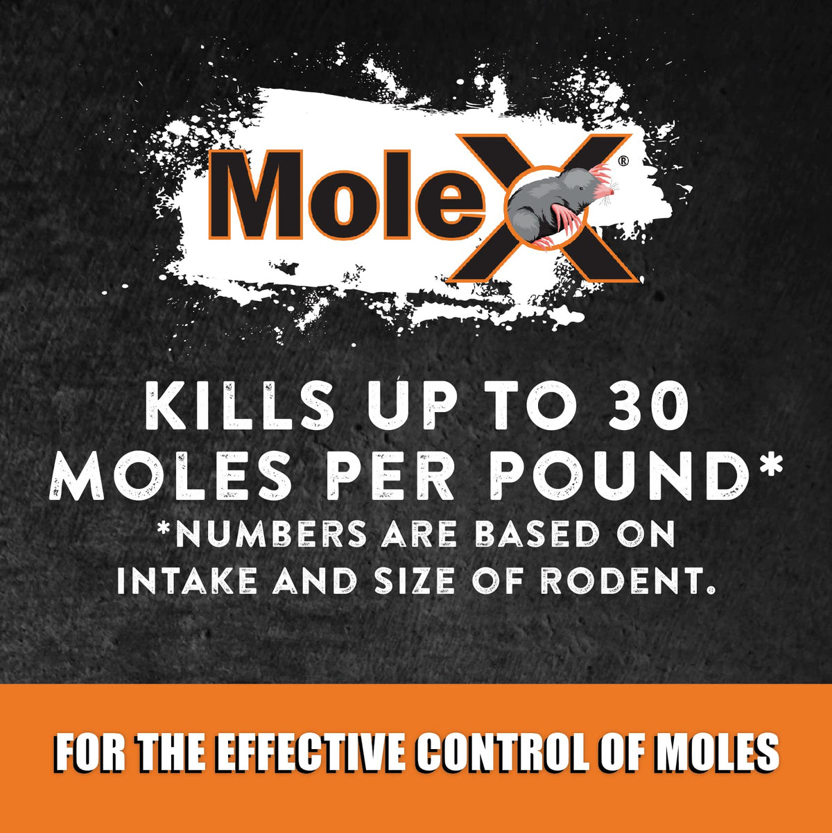 MouseX MoleX pellets shown for indoor use near foundations.
