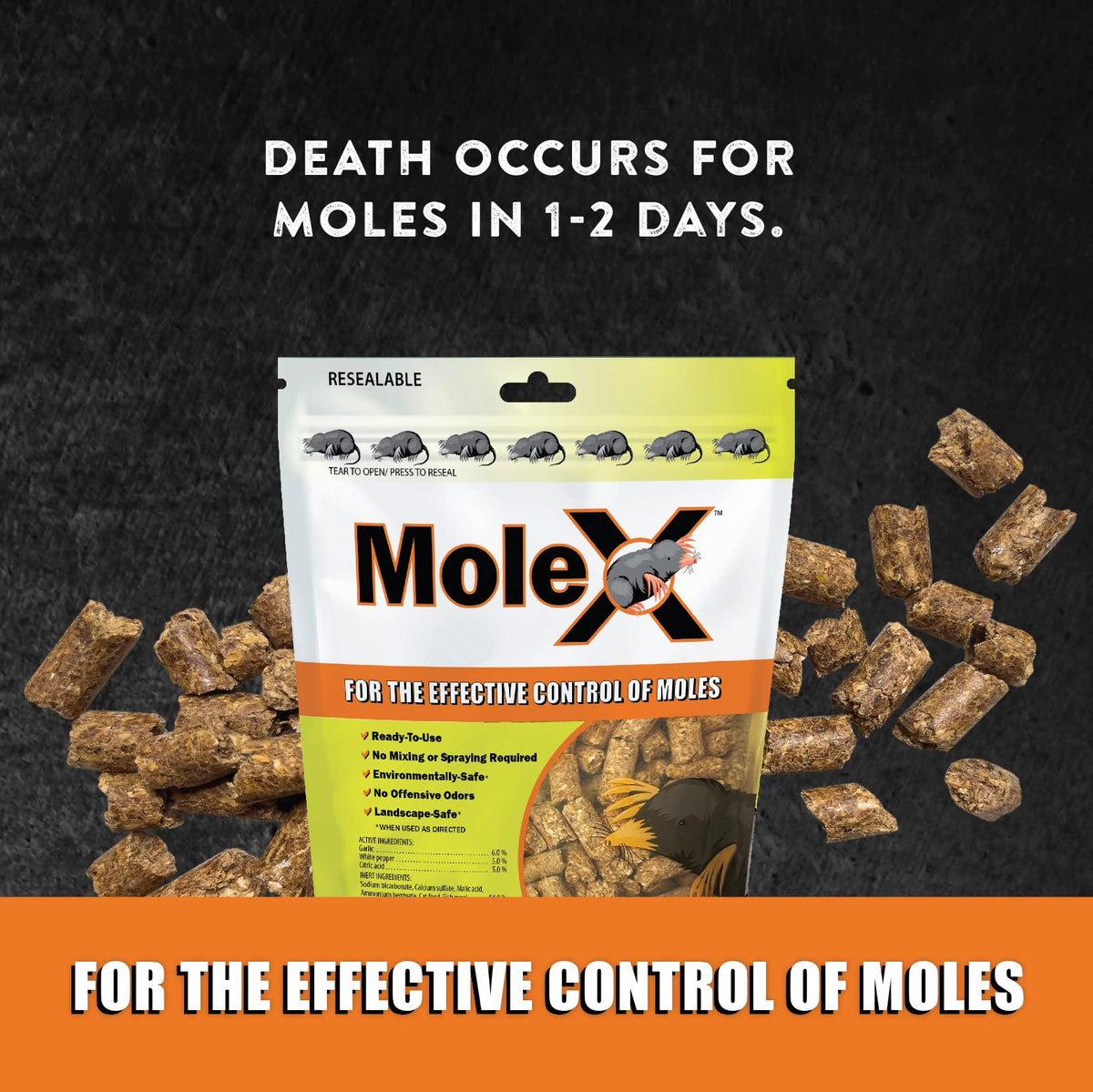 MouseX MoleX pellets ready-to-use for outdoor mole control in gardens.