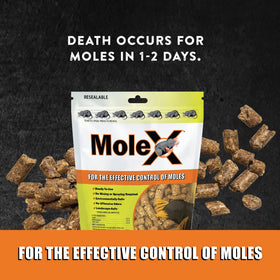 MouseX MoleX pellets ready-to-use for outdoor mole control in gardens.