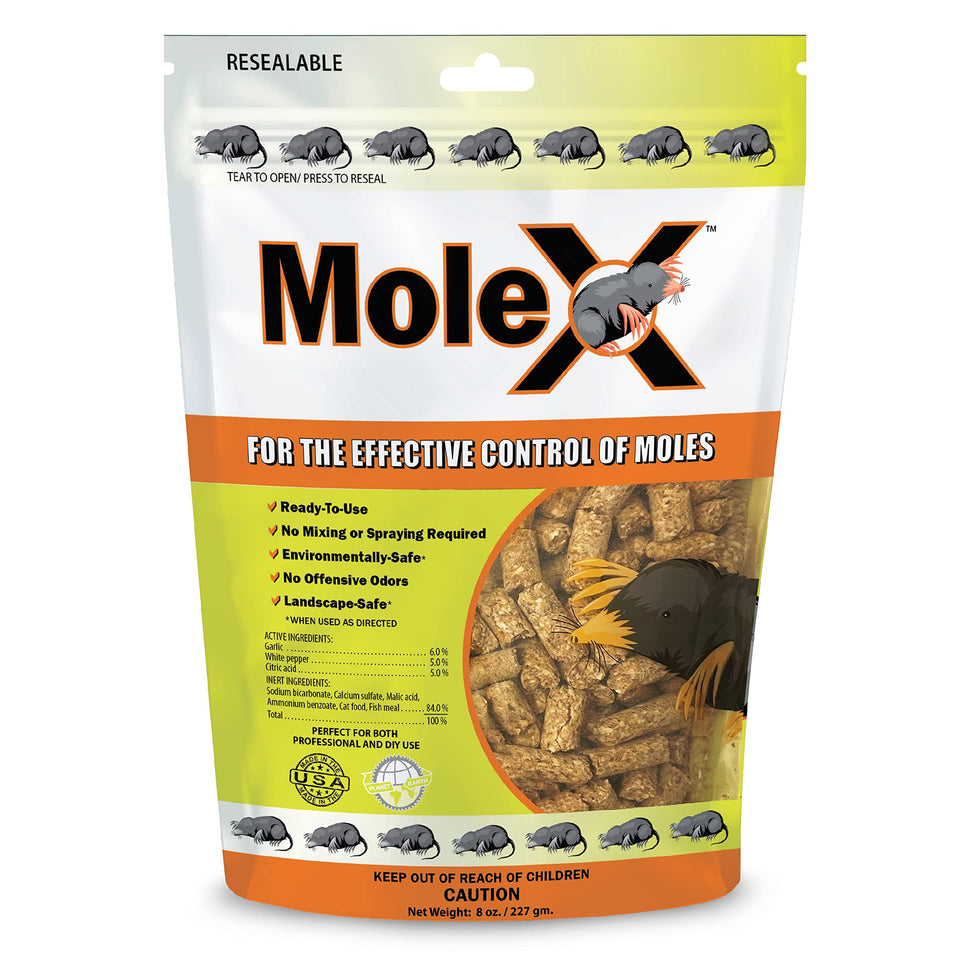 MouseX MoleX packaging highlights poison-free, pet-safe mole control.