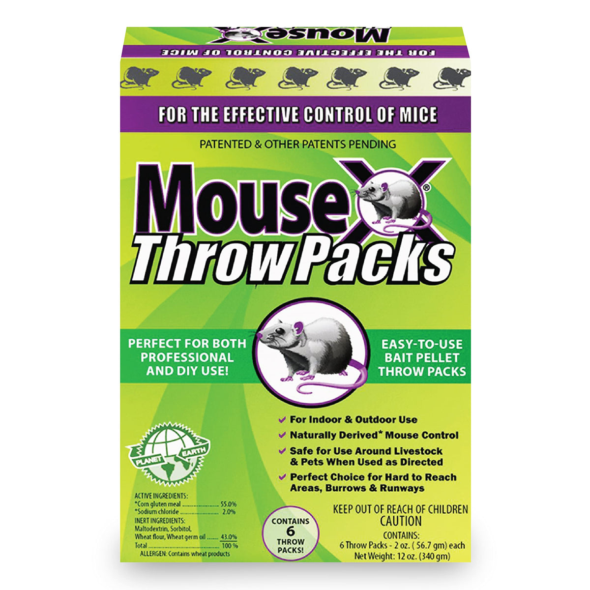 MouseX throw pack bait pellet for indoor and outdoor use reduces rodent activity.