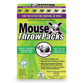 MouseX throw pack bait pellet for indoor and outdoor use reduces rodent activity.